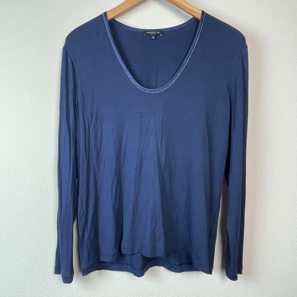 Lafayette 148‎ New York Navy Blue V Neck Long Sleeve Minimalist Top Women's L